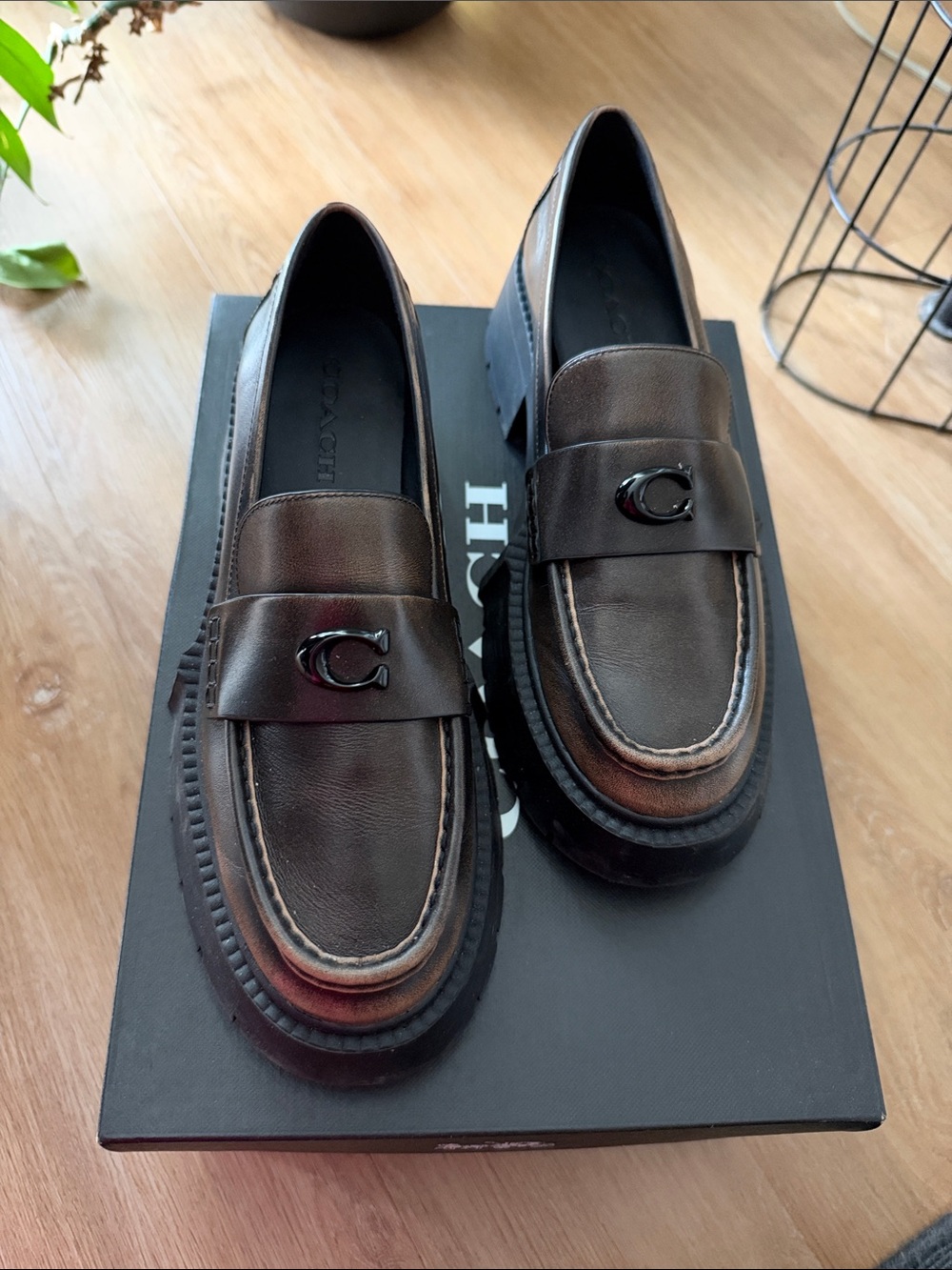 Coach Women’s Black & Brown Leather Loafers with Signature 'C' Hardware